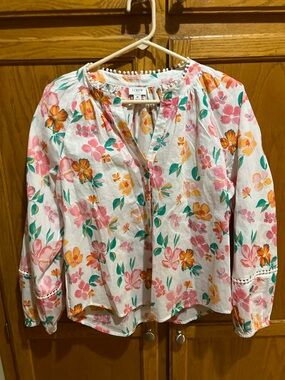 J Crew Floral Balloon Sleeve Pom Pom Blouse
